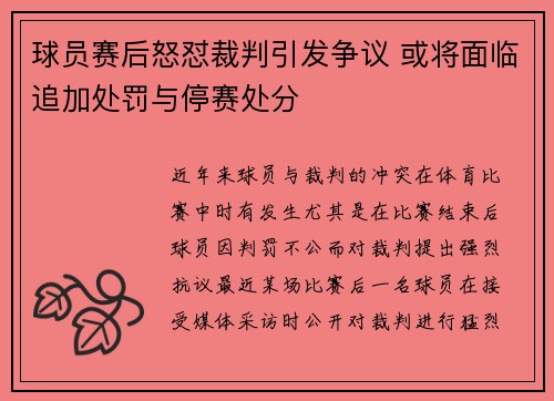 球员赛后怒怼裁判引发争议 或将面临追加处罚与停赛处分